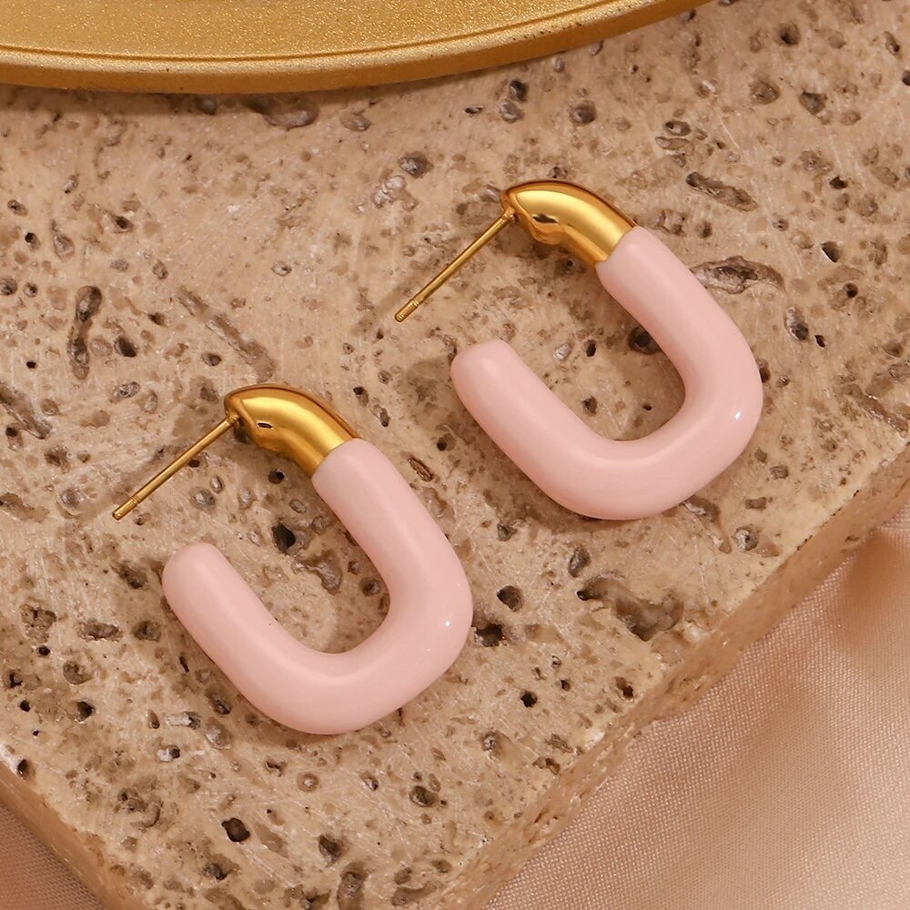 Baby Pink Enameled Rectangular Stud Earrings in Y2K Style